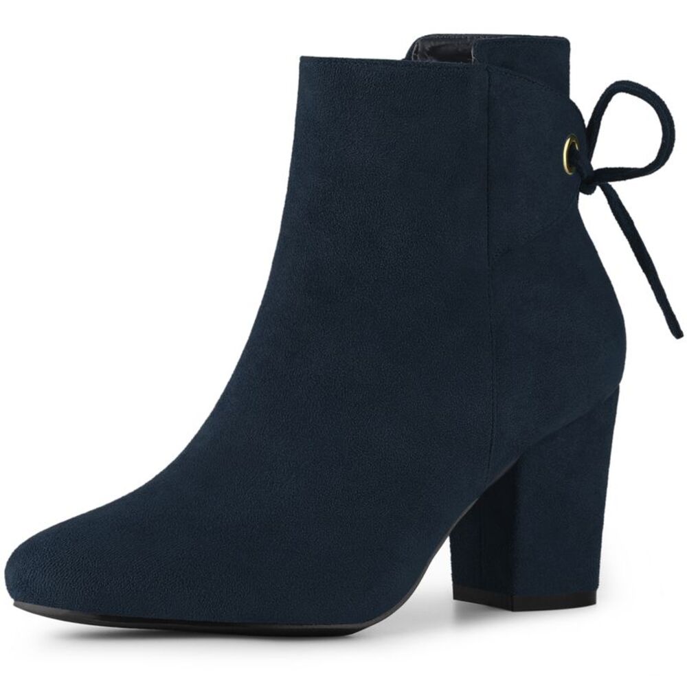 Round Toe Lace Up Chunky High Heels Navy Blue Ankle Boots for Women